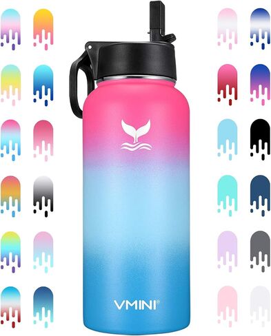 Vmini Water Bottle with Straw, Wide Rotating Handle Straw Lid, Wide Mouth Vacuum Insulated Stainless Steel Water Bottle, Gradient Blue+Mint, 24 oz in Saudi Arabia