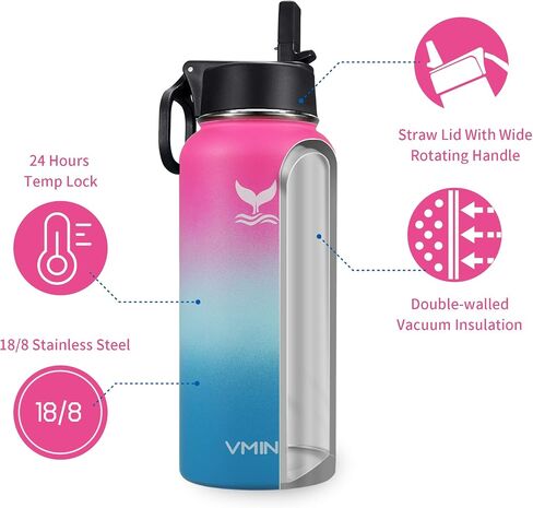 Vmini Water Bottle with Straw, Wide Rotating Handle Straw Lid, Wide Mouth Vacuum Insulated Stainless Steel Water Bottle, Gradient Blue+Mint, 24 oz in Saudi Arabia