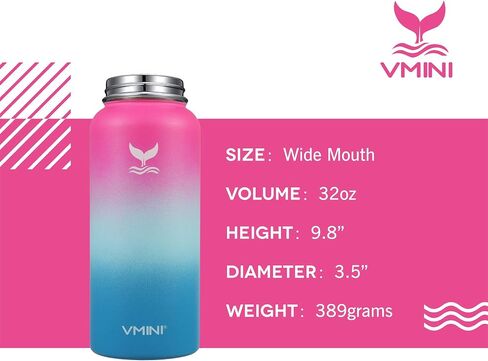 Vmini Water Bottle with Straw, Wide Rotating Handle Straw Lid, Wide Mouth Vacuum Insulated Stainless Steel Water Bottle, Gradient Blue+Mint, 24 oz in Saudi Arabia