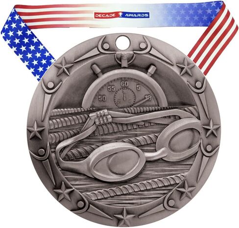 Decade Awards Swimming World Class Medal - 3 Inch Wide Swim Meet Second Place Medallion with Stars and Stripes American Flag V Neck Ribbon in Saudi Arabia
