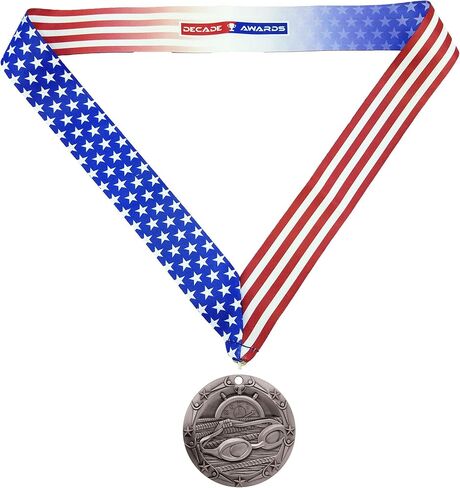 Decade Awards Swimming World Class Medal - 3 Inch Wide Swim Meet Second Place Medallion with Stars and Stripes American Flag V Neck Ribbon in Saudi Arabia