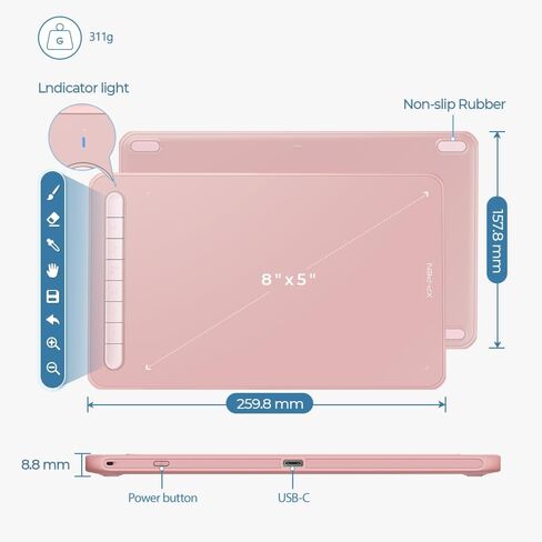 تابلت رسم XPPen Deco MW Bluetooth لاسلكي لرسومات الكمبيوتر، قلم X3 بدون بطارية و8 مفاتيح اختصار، متوافق مع نظام التشغيل Chrome، Windows 7/8/10/11، Linux، Mac، Android (8x5 بوصة، وردي) in Kuwait