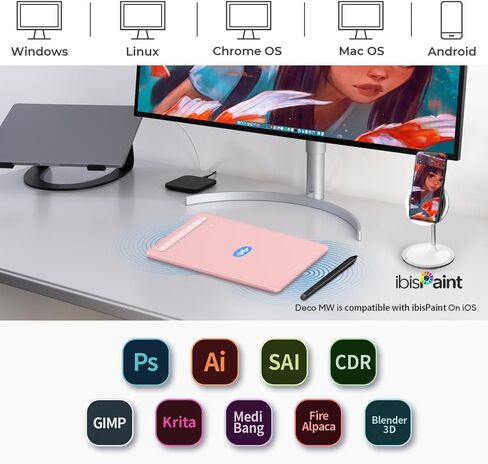 تابلت رسم XPPen Deco MW Bluetooth لاسلكي لرسومات الكمبيوتر، قلم X3 بدون بطارية و8 مفاتيح اختصار، متوافق مع نظام التشغيل Chrome، Windows 7/8/10/11، Linux، Mac، Android (8x5 بوصة، وردي) in Kuwait