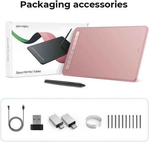 تابلت رسم XPPen Deco MW Bluetooth لاسلكي لرسومات الكمبيوتر، قلم X3 بدون بطارية و8 مفاتيح اختصار، متوافق مع نظام التشغيل Chrome، Windows 7/8/10/11، Linux، Mac، Android (8x5 بوصة، وردي) in Kuwait