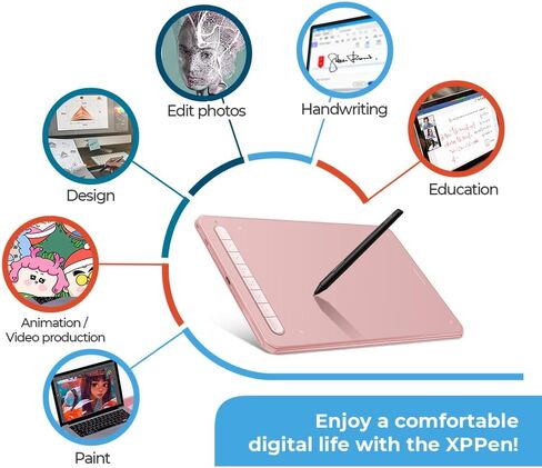 تابلت رسم XPPen Deco MW Bluetooth لاسلكي لرسومات الكمبيوتر، قلم X3 بدون بطارية و8 مفاتيح اختصار، متوافق مع نظام التشغيل Chrome، Windows 7/8/10/11، Linux، Mac، Android (8x5 بوصة، وردي) in Kuwait