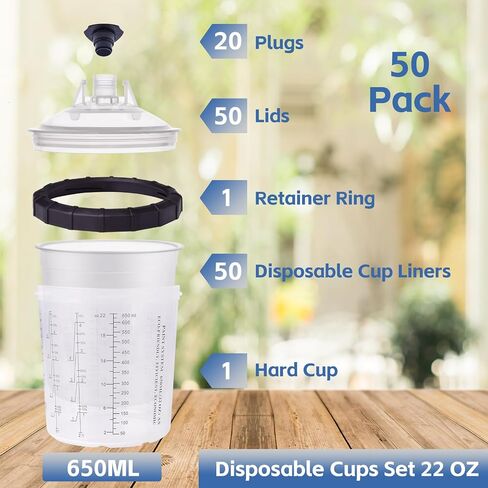 Disposable Paint Gun Cups Liners and Lid System Paint Sprayer Mixing Cup for HVLP Spray Gun 50 Cup Liners 50 Lids with Strainer 1 Hard Cup with Retainer Ring 20 Plugs, 650ML (22 OZ) in Saudi Arabia