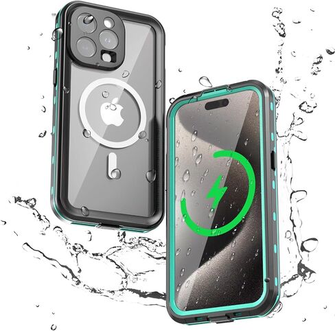 حافظة لهاتف iPhone 15 مقاومة للماء والغبار، [IP68 تحت الماء] [متوافقة مع Magsafe] [واقي شاشة مدمج] غطاء هاتف متين عالي التحمل لكامل الجسم 6.1 بوصة، أخضر/شفاف in Kuwait