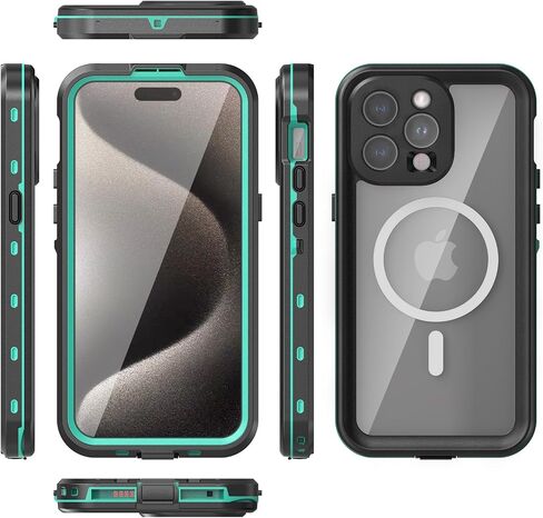 حافظة لهاتف iPhone 15 مقاومة للماء والغبار، [IP68 تحت الماء] [متوافقة مع Magsafe] [واقي شاشة مدمج] غطاء هاتف متين عالي التحمل لكامل الجسم 6.1 بوصة، أخضر/شفاف in Kuwait