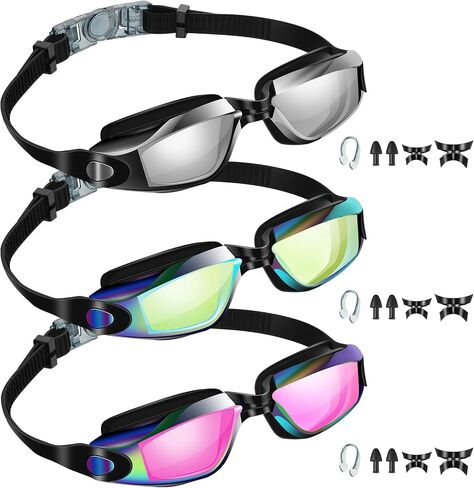 Fabbay 3 Pack Swimming Goggles Anti Fog No Leaking Silicone Adjustable Swim Glasses with Nose Clip and Ear Plugs for Adult Men Women Youth Water Pool, 3 Colors, Replaceable Nose Bridge in Saudi Arabia