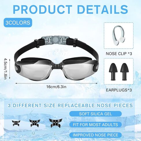 Fabbay 3 Pack Swimming Goggles Anti Fog No Leaking Silicone Adjustable Swim Glasses with Nose Clip and Ear Plugs for Adult Men Women Youth Water Pool, 3 Colors, Replaceable Nose Bridge in Saudi Arabia