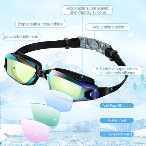 Fabbay 3 Pack Swimming Goggles Anti Fog No Leaking Silicone Adjustable Swim Glasses with Nose Clip and Ear Plugs for Adult Men Women Youth Water Pool, 3 Colors, Replaceable Nose Bridge in Saudi Arabia