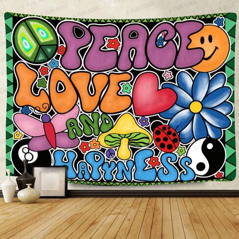 Peace Love and Happiness Tapestry, Groovy Tapestry 80x60inches Soft Flannel, 70s Theme Party Tapestries Hippie Aesthetic Tapestry Wall Hanging for Bedroom Living Room Decor GTZYFS194 in Saudi Arabia