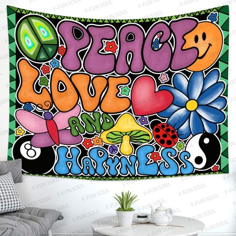 Peace Love and Happiness Tapestry, Groovy Tapestry 80x60inches Soft Flannel, 70s Theme Party Tapestries Hippie Aesthetic Tapestry Wall Hanging for Bedroom Living Room Decor GTZYFS194 in Saudi Arabia