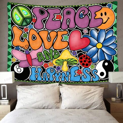 Peace Love and Happiness Tapestry, Groovy Tapestry 80x60inches Soft Flannel, 70s Theme Party Tapestries Hippie Aesthetic Tapestry Wall Hanging for Bedroom Living Room Decor GTZYFS194 in Saudi Arabia