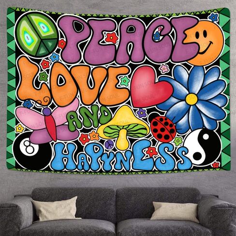 Peace Love and Happiness Tapestry, Groovy Tapestry 80x60inches Soft Flannel, 70s Theme Party Tapestries Hippie Aesthetic Tapestry Wall Hanging for Bedroom Living Room Decor GTZYFS194 in Saudi Arabia