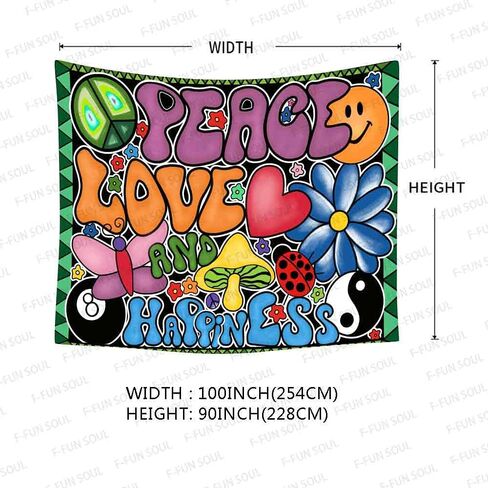 Peace Love and Happiness Tapestry, Groovy Tapestry 80x60inches Soft Flannel, 70s Theme Party Tapestries Hippie Aesthetic Tapestry Wall Hanging for Bedroom Living Room Decor GTZYFS194 in Saudi Arabia