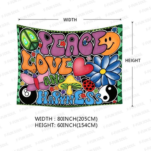 Peace Love and Happiness Tapestry, Groovy Tapestry 80x60inches Soft Flannel, 70s Theme Party Tapestries Hippie Aesthetic Tapestry Wall Hanging for Bedroom Living Room Decor GTZYFS194 in Saudi Arabia