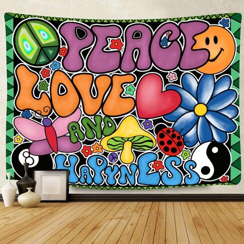 Peace Love and Happiness Tapestry, Groovy Tapestry 80x60inches Soft Flannel, 70s Theme Party Tapestries Hippie Aesthetic Tapestry Wall Hanging for Bedroom Living Room Decor GTZYFS194 in Saudi Arabia