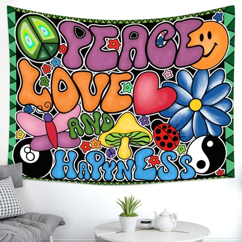 Peace Love and Happiness Tapestry, Groovy Tapestry 80x60inches Soft Flannel, 70s Theme Party Tapestries Hippie Aesthetic Tapestry Wall Hanging for Bedroom Living Room Decor GTZYFS194 in Saudi Arabia