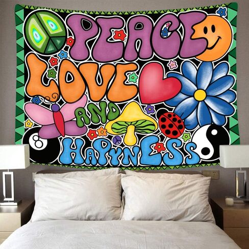 Peace Love and Happiness Tapestry, Groovy Tapestry 80x60inches Soft Flannel, 70s Theme Party Tapestries Hippie Aesthetic Tapestry Wall Hanging for Bedroom Living Room Decor GTZYFS194 in Saudi Arabia