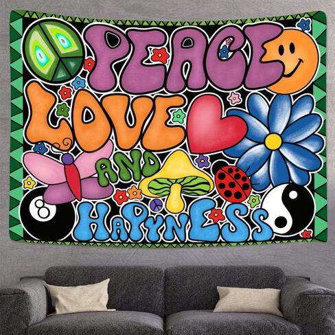 Peace Love and Happiness Tapestry, Groovy Tapestry 80x60inches Soft Flannel, 70s Theme Party Tapestries Hippie Aesthetic Tapestry Wall Hanging for Bedroom Living Room Decor GTZYFS194 in Saudi Arabia
