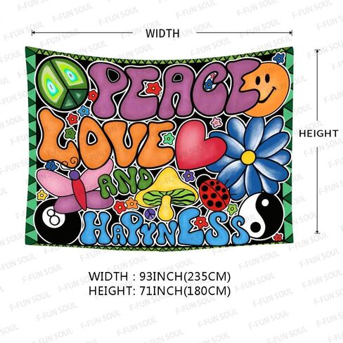 Peace Love and Happiness Tapestry, Groovy Tapestry 80x60inches Soft Flannel, 70s Theme Party Tapestries Hippie Aesthetic Tapestry Wall Hanging for Bedroom Living Room Decor GTZYFS194 in Saudi Arabia