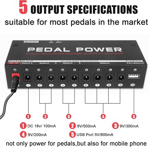 AKLOT Fully Isolated Guitar Bass Pedal Power Supply 10 DC Outputs for 9V/18V Guitar Bass Effect Pedal With Buffer Pedal in Saudi Arabia
