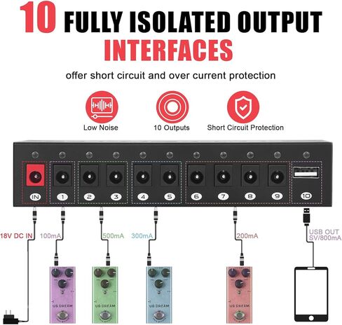 AKLOT Fully Isolated Guitar Bass Pedal Power Supply 10 DC Outputs for 9V/18V Guitar Bass Effect Pedal With Buffer Pedal in Saudi Arabia