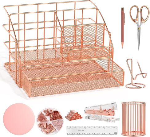 Rose Gold Desk Organizers and Accessories, Office Supplies Set Stapler Pen Holder, Phone Stand, 65 Clips Set, Pen, Scissors, Mesh Desktop Organizer for Christmas Gifts Home Office School in Saudi Arabia