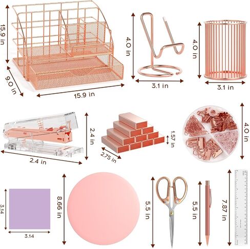 Rose Gold Desk Organizers and Accessories, Office Supplies Set Stapler Pen Holder, Phone Stand, 65 Clips Set, Pen, Scissors, Mesh Desktop Organizer for Christmas Gifts Home Office School in Saudi Arabia