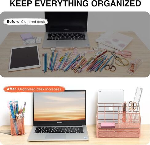 Rose Gold Desk Organizers and Accessories, Office Supplies Set Stapler Pen Holder, Phone Stand, 65 Clips Set, Pen, Scissors, Mesh Desktop Organizer for Christmas Gifts Home Office School in Saudi Arabia