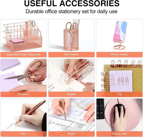Rose Gold Desk Organizers and Accessories, Office Supplies Set Stapler Pen Holder, Phone Stand, 65 Clips Set, Pen, Scissors, Mesh Desktop Organizer for Christmas Gifts Home Office School in Saudi Arabia