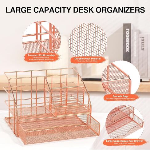 Rose Gold Desk Organizers and Accessories, Office Supplies Set Stapler Pen Holder, Phone Stand, 65 Clips Set, Pen, Scissors, Mesh Desktop Organizer for Christmas Gifts Home Office School in Saudi Arabia
