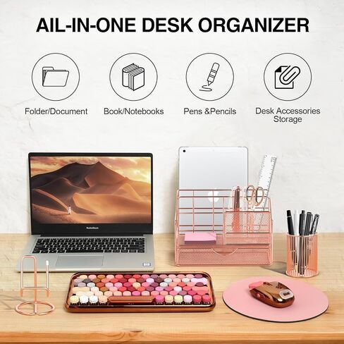 Rose Gold Desk Organizers and Accessories, Office Supplies Set Stapler Pen Holder, Phone Stand, 65 Clips Set, Pen, Scissors, Mesh Desktop Organizer for Christmas Gifts Home Office School in Saudi Arabia