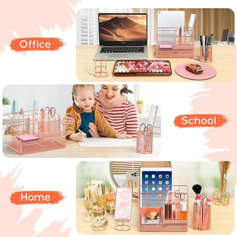 Rose Gold Desk Organizers and Accessories, Office Supplies Set Stapler Pen Holder, Phone Stand, 65 Clips Set, Pen, Scissors, Mesh Desktop Organizer for Christmas Gifts Home Office School in Saudi Arabia