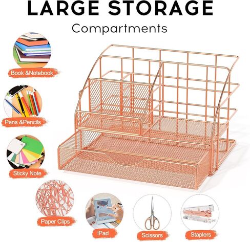 Rose Gold Desk Organizers and Accessories, Office Supplies Set Stapler Pen Holder, Phone Stand, 65 Clips Set, Pen, Scissors, Mesh Desktop Organizer for Christmas Gifts Home Office School in Saudi Arabia