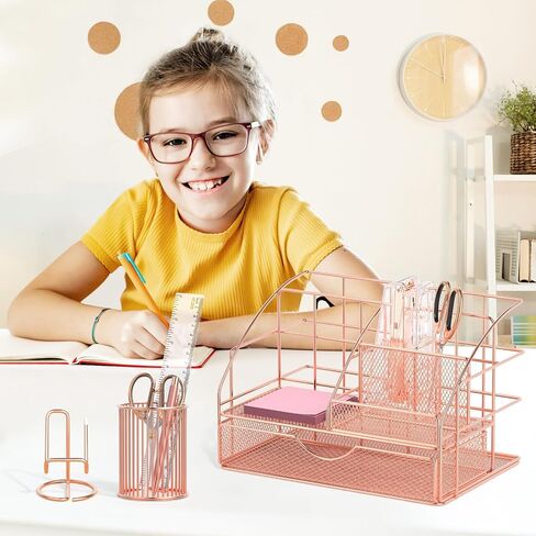 Rose Gold Desk Organizers and Accessories, Office Supplies Set Stapler Pen Holder, Phone Stand, 65 Clips Set, Pen, Scissors, Mesh Desktop Organizer for Christmas Gifts Home Office School in Saudi Arabia