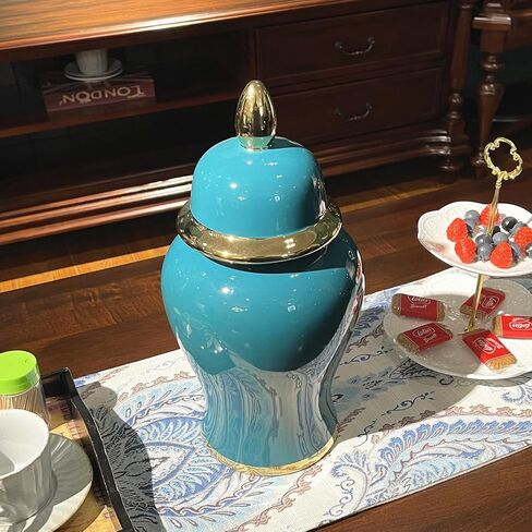 Ginger Jar with Lid Decorative Jar Decorative Ceramic Ginger Jar with Lid Bright Glaze Large Jar for Home Decoration 19.6"H Bluish Green in Saudi Arabia
