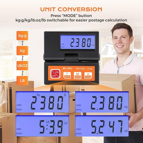 مقياس شحن الطرود الرقمي من Bonvoisin بوزن 50 كجم/110 رطل مع شاشة LCD كبيرة منفصلة، ​​ومحول طاقة بطاريتين AAA متضمنتين، قابل للتحويل g/kg/oz/lb، مع إشارة ثابتة وثابتة in Kuwait