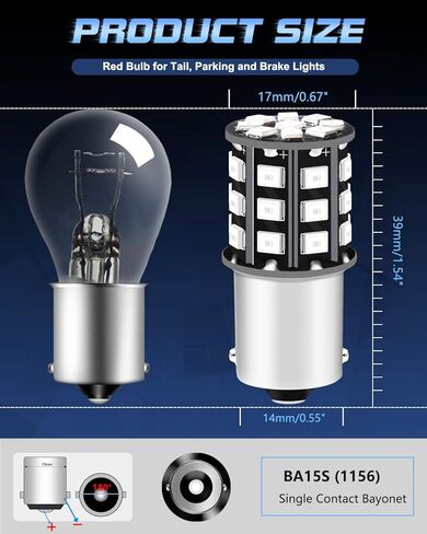 Alopee 1156 LED لمبة حمراء، ساطعة للغاية 1156 LED لمبة ضوء الفرامل لـ 1156 1141 1003 BA15S أضواء المصباح التقليدية، أضواء الفرامل 33SMD 2835 رقائق، DC/AC 12-24V، حزمة من 2 in Kuwait