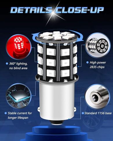 Alopee 1156 LED لمبة حمراء، ساطعة للغاية 1156 LED لمبة ضوء الفرامل لـ 1156 1141 1003 BA15S أضواء المصباح التقليدية، أضواء الفرامل 33SMD 2835 رقائق، DC/AC 12-24V، حزمة من 2 in Kuwait