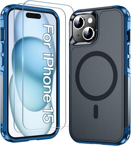 حافظة MOZOTER مغناطيسية لهاتف iPhone 15 مع [قطعتين واقي شاشة زجاجي]، [مقاومة للصدمات بطول 15 قدمًا] [متوافقة مع Magsafe] [شديدة التحمل] حافظة هاتف لهاتف iPhone 15، أزرق داكن in Kuwait