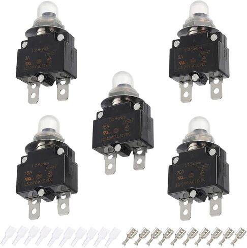 3A 5A 10A 15A 20A Manual Reset Push Button Circuit Breaker 125/250V AC 32V DC Generator Circuit Breaker with Crimp terminals and Waterproof caps kit in Saudi Arabia