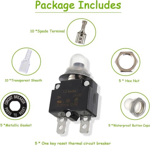 3A 5A 10A 15A 20A Manual Reset Push Button Circuit Breaker 125/250V AC 32V DC Generator Circuit Breaker with Crimp terminals and Waterproof caps kit in Saudi Arabia