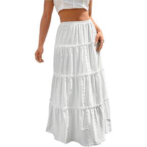 SweatyRocks Women's High Waisted Maxi Skirts Ruffle Tiered Frill Trim Eyelet Skirt