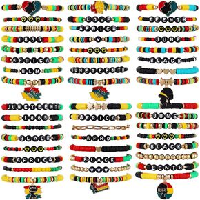 48 pcs Juneteenth Heishi Bracelets Bulk Clay Beaded African American Friendship Bracelets June 19th Party Favors June Nineteenth Patriotic Juneteenth Day Decorations Black History Summer Jewelry Gift for Women Men