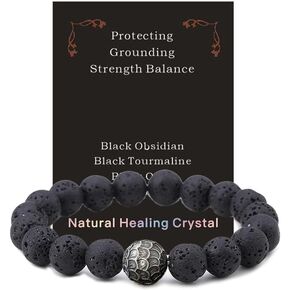 Protection Bracelet, Black Tourmaline Bracelet for Woman Man Healing Crystal Bracelets Obsidian Hematite Bracelets Anxiety and Stress Relief Clam Jewelry,Handmade Natural Beads Jewelry Gift