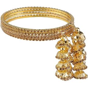 Efulgenz Bangles for Women Indian Jewelry Indian Bollywood Traditional Rhinestone Crystal Wedding Jhumka Tassel Bracelet Bangle Set Jewelry Indian Bangles Sets for Women