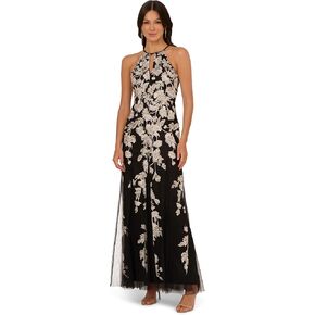 Adrianna Papell Women's Halter Embroidered Godet Gown