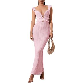 SOLY HUX Women's Maxi Dress Crochet Ruffle Sleeveless Backless Bodycon Long Dresses